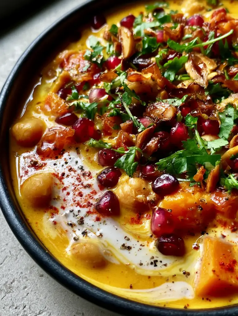 An extreme close-up of pomegranate seeds and toasted almonds on top of a vegan moroccan stew.