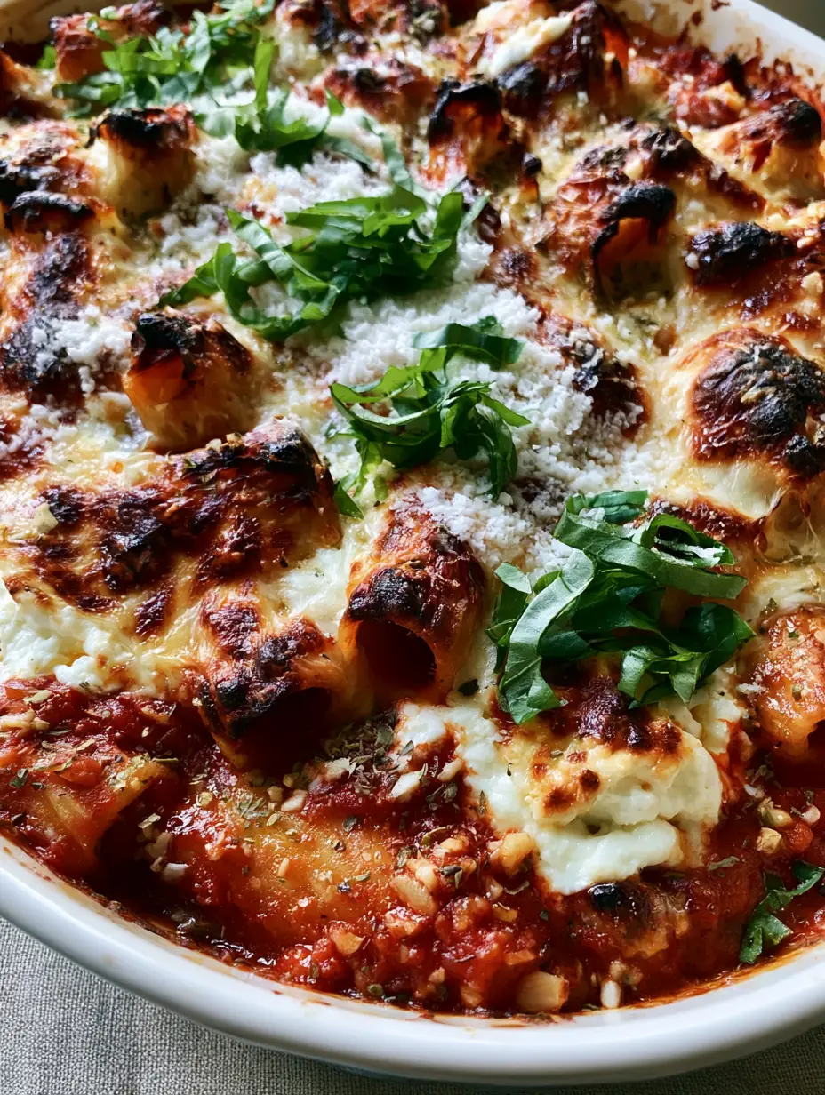 Close-up shot of charred mozzarella bubbles and bright green basil on a Rustic Italian bake.