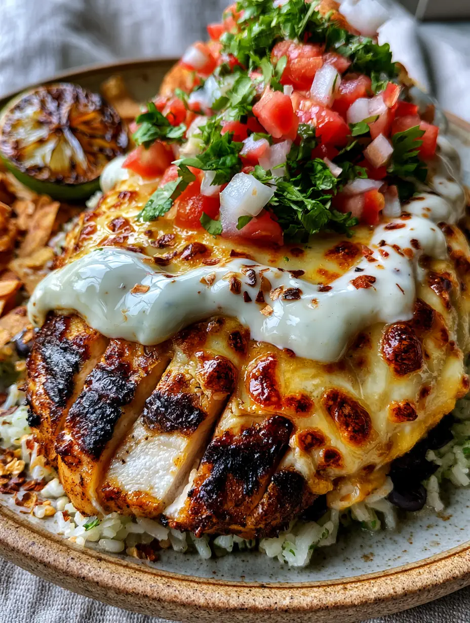 Close-up of seared Fiesta Lime Chicken breast with golden-brown grill marks and bubbly melted cheese topped with a mountain of pico de gallo.