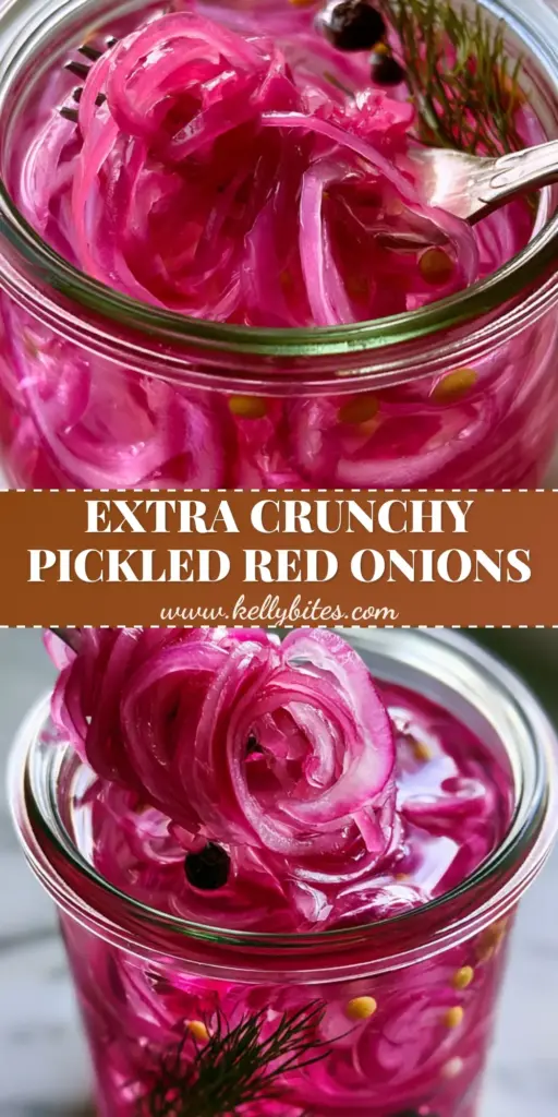 A stainless steel fork lifting a tangle of crisp, magenta pickled red onion rings from a clear Weck jar. (pickling recipes)