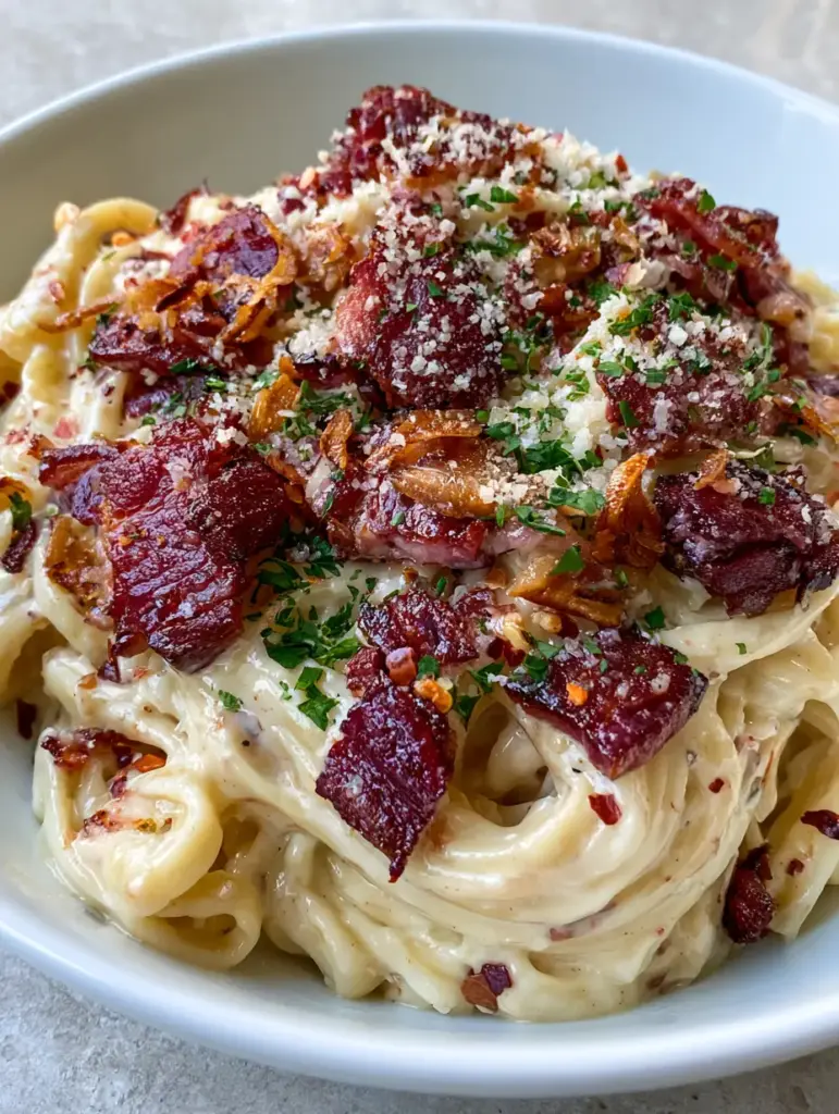 Top view of garlic bacon pasta in a white ceramic bowl with toasted garlic slivers and chili flakes.