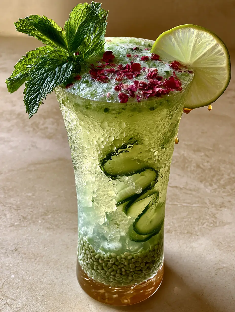 Close up of a cooling drink with clear crushed ice and glistening condensation droplets on a fluted glass.