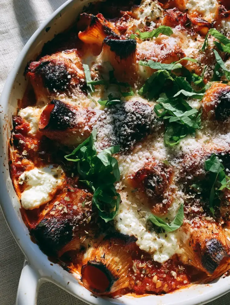 Angled shot of a rustic white baking dish filled with rigatoni and bubbling tomato sauce.