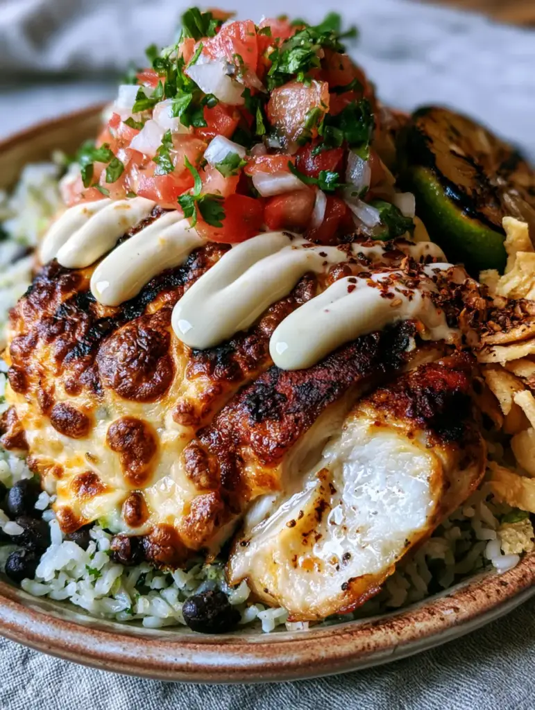 Plated Fiesta Lime Chicken on a rustic ceramic plate with cilantro lime rice, black beans, and a charred lime wedge.