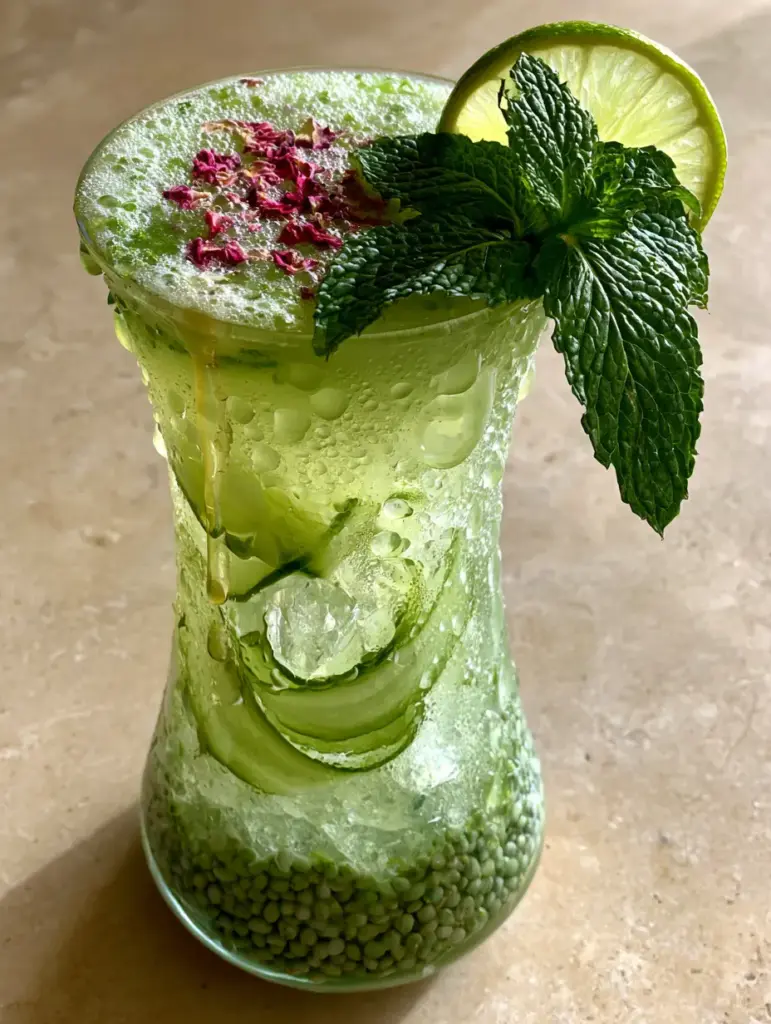Top view of a cooling drink garnished with a Moroccan mint sprig, lime wheel, and dried pink rose petals.