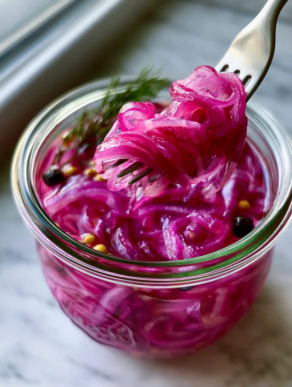 A close-up of a clear glass Weck jar filled with thinly sliced red onions in a clear brine with mustard seeds and dill. (pickling recipes)