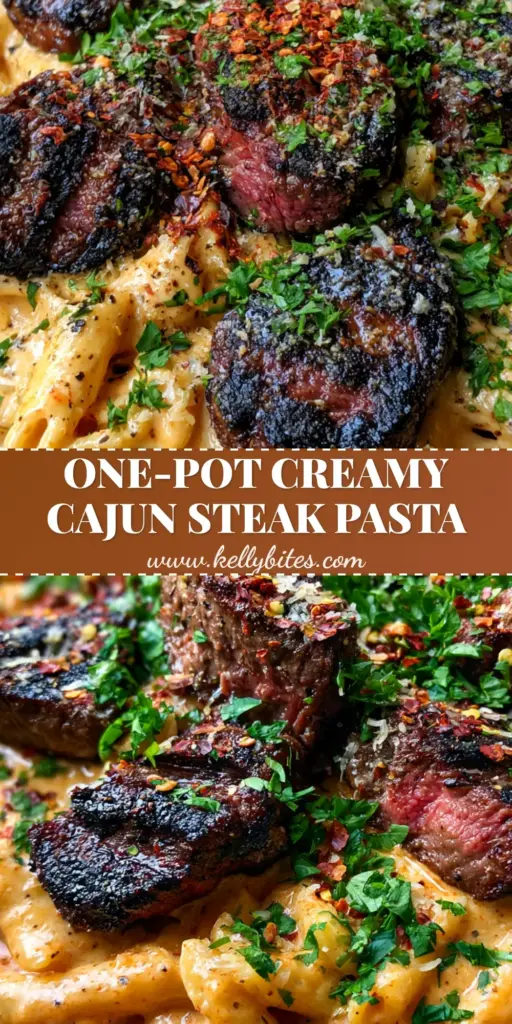 A close-up vertical shot of Cajun beef alfredo featuring blackened steak tips and penne in a spicy orange cream sauce with parsley garnish.