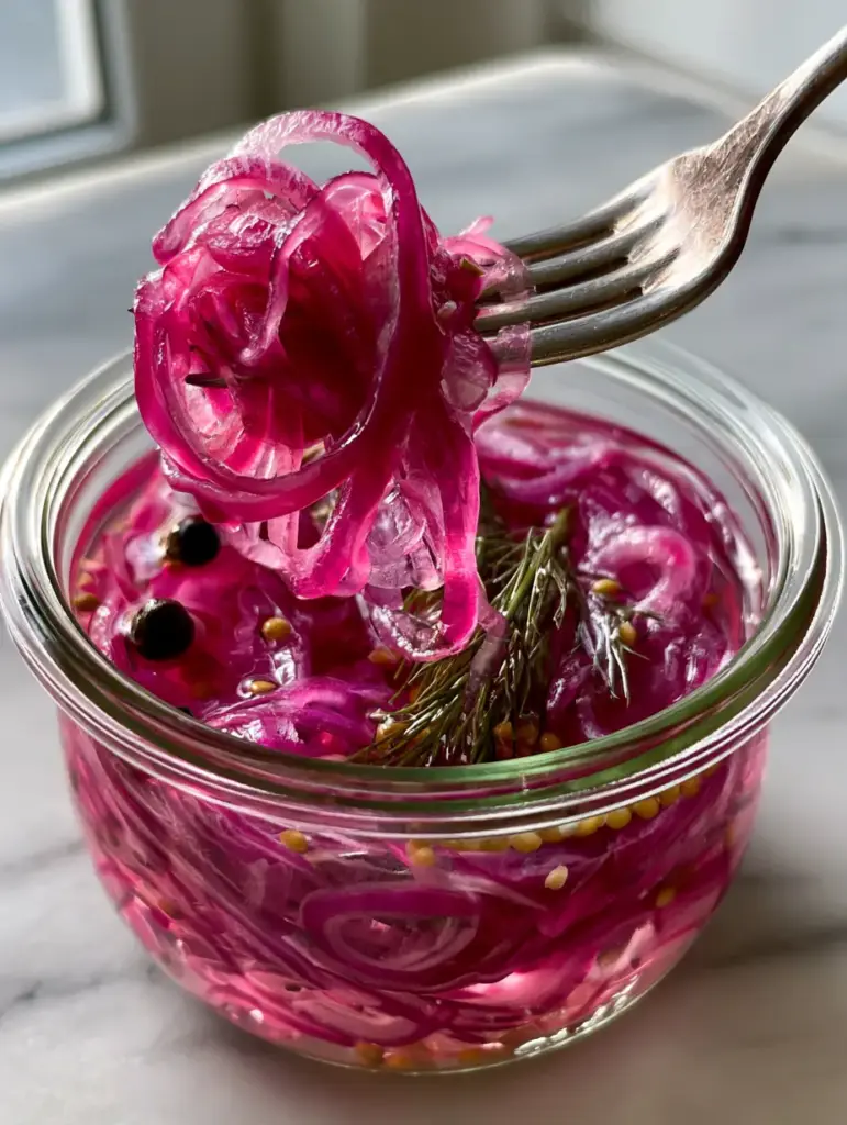 A vertical shot showing the crisp texture of pickled red onions being lifted out of a jar. (pickling recipes)