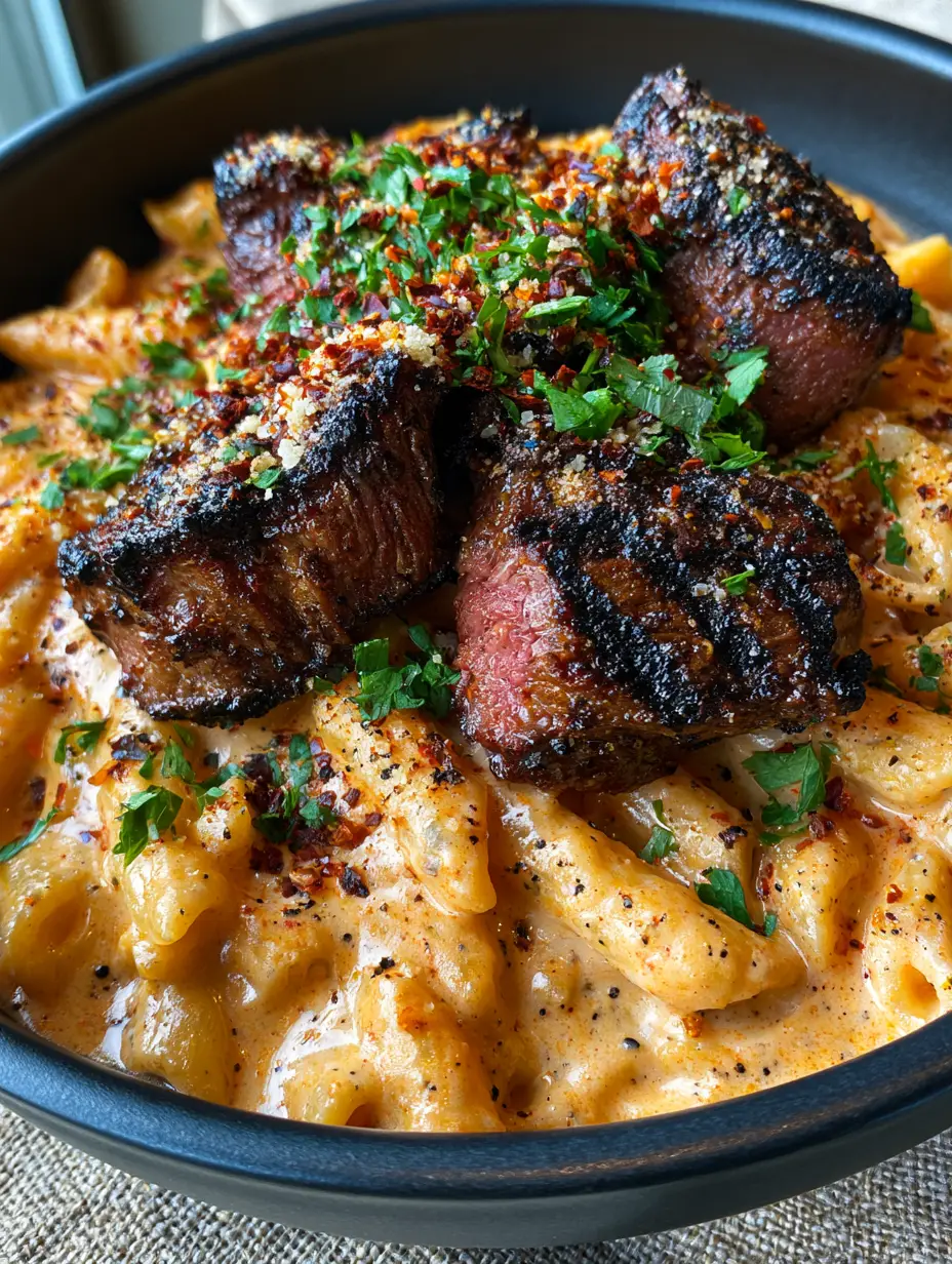 A smartphone photo at a 45-degree angle showing a matte black bowl of Cajun beef alfredo with thick orange sauce and charred beef.