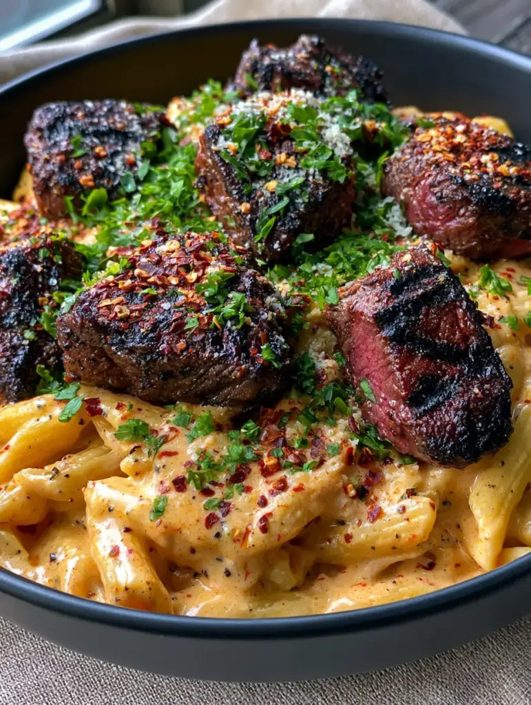 Detailed view of blackened beef tips with pink centers on top of creamy Cajun alfredo pasta.