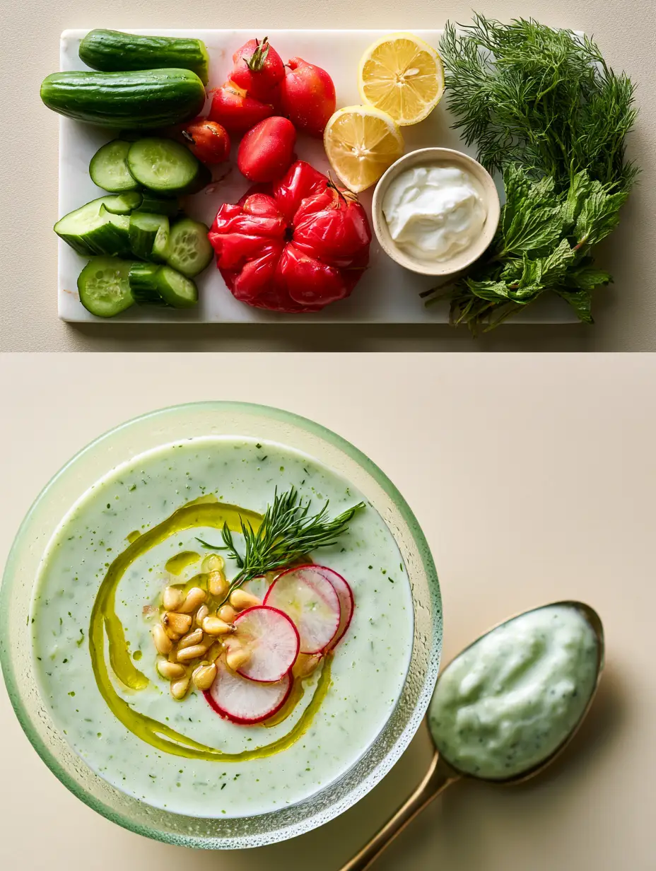 A split view showing deconstructed ingredients like Persian cucumbers, heirloom tomatoes, and yogurt above a macro shot of the finished Summer soups recipe.