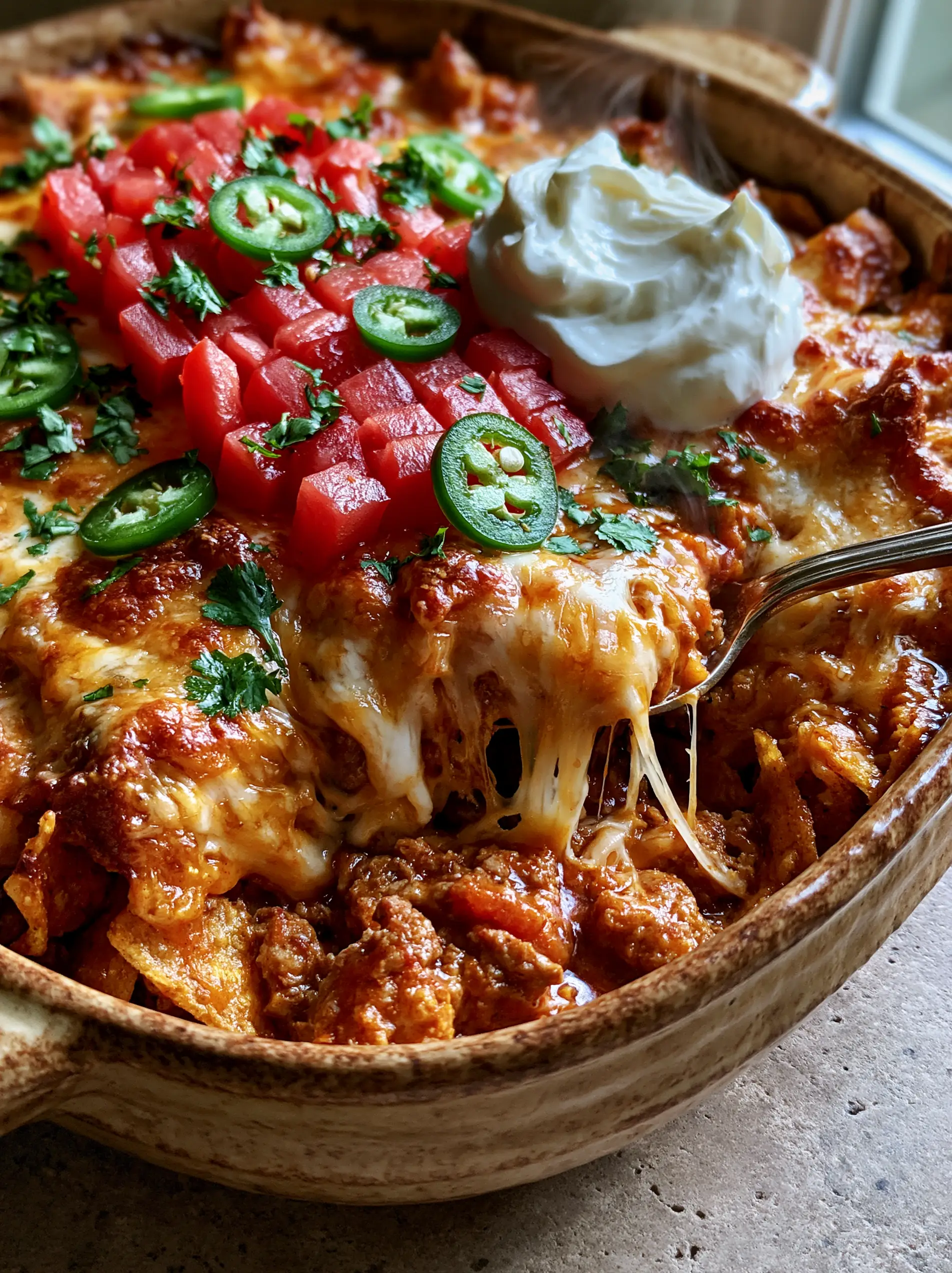 A close-up shot of walking taco casserole with a metal spoon lifting a cheesy portion.