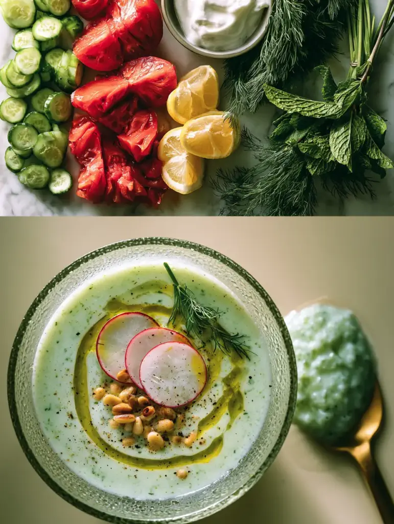 A close-up shot of a spoon dipping into a creamy, pale green chilled cucumber soup with olive oil and pine nuts.
