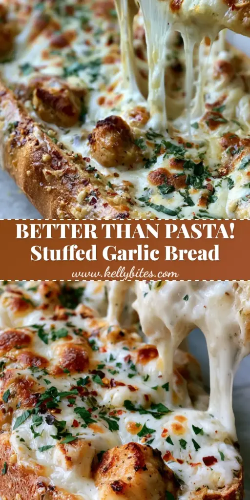 A vertical eye-level close-up of a crusty French baguette boat overflowing with chicken alfredo and melted mozzarella cheese.