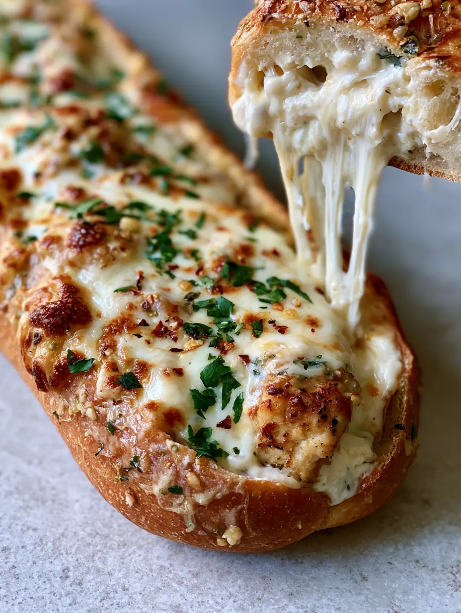 Close-up of golden seared chicken chunks and thick velvety alfredo sauce inside a toasted garlic bread boat. (chicken alfredo garlic bread)