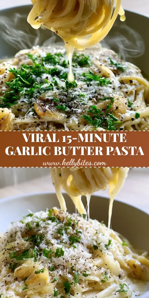 A close-up swirl of glossy Garlic Butter Pasta on a silver fork, showing translucent garlic and green parsley with steam wisps.