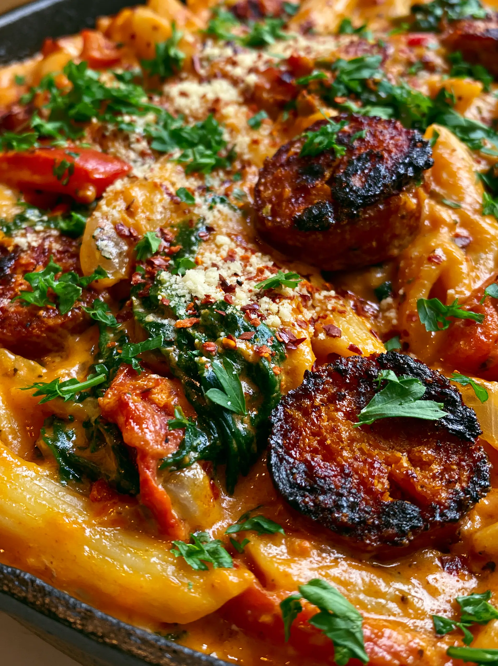 Extreme macro close-up of Cajun Sausage Pasta showing glossy orange sauce and charred sausage edges. (Cajun Sausage Pasta)