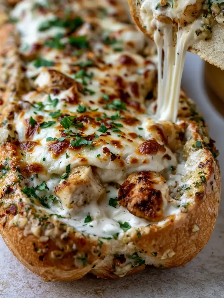 Melted bubbling mozzarella cheese with toasted golden-brown spots on top of a garlic buttered baguette. (chicken alfredo garlic bread)