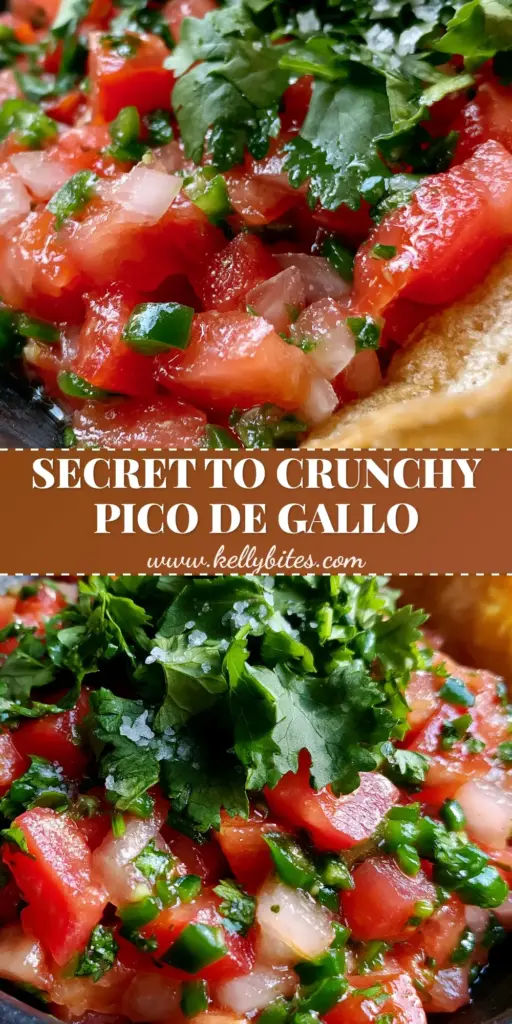 Vertical Pinterest pin showing a close-up of chunky Pico De Gallo with a toasted tortilla chip and fresh cilantro.