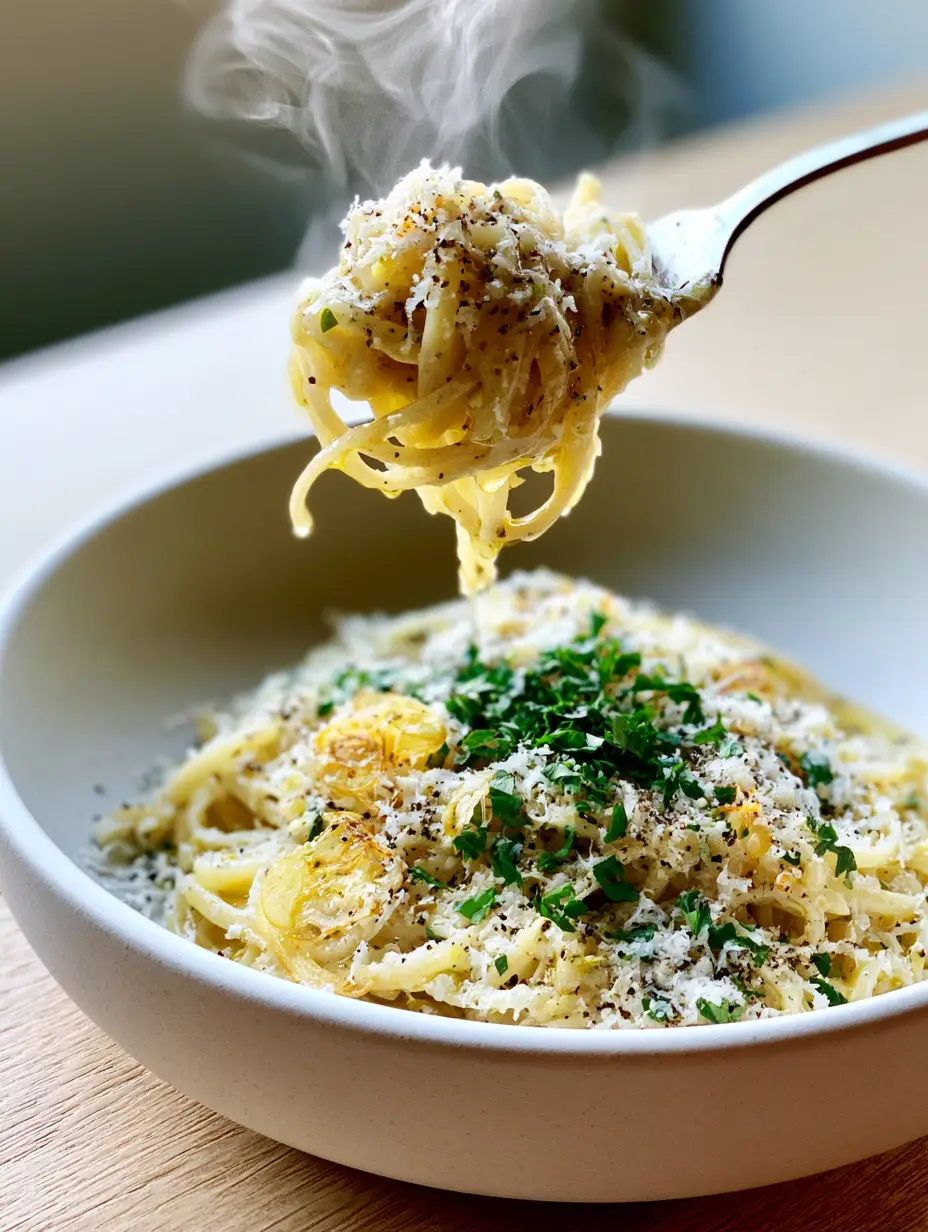 A smartphone photo of Garlic Butter Pasta in a matte white bowl, featuring shimmering golden sauce and snowy parmesan.