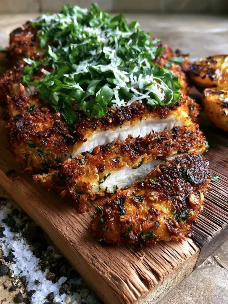 Macro shot of steaming Italian Basil Chicken Cutlets showing the crispy panko texture and green basil flecks.