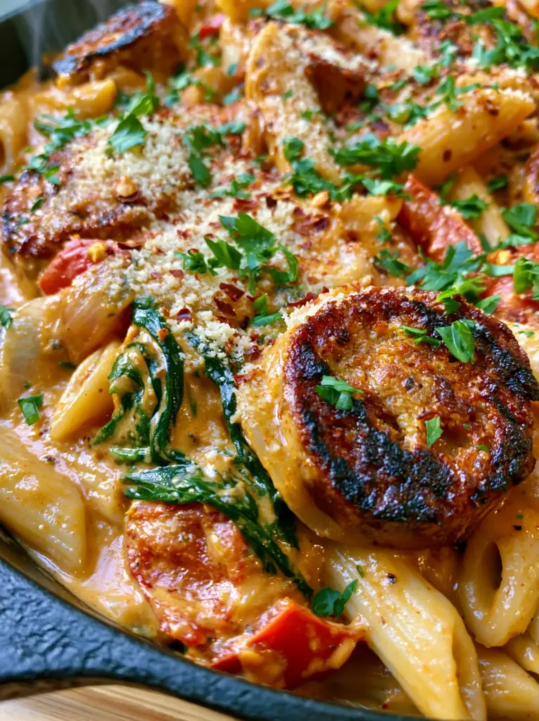 A 45-degree angle shot of penne pasta smothered in Cajun cream sauce with spinach and red peppers.