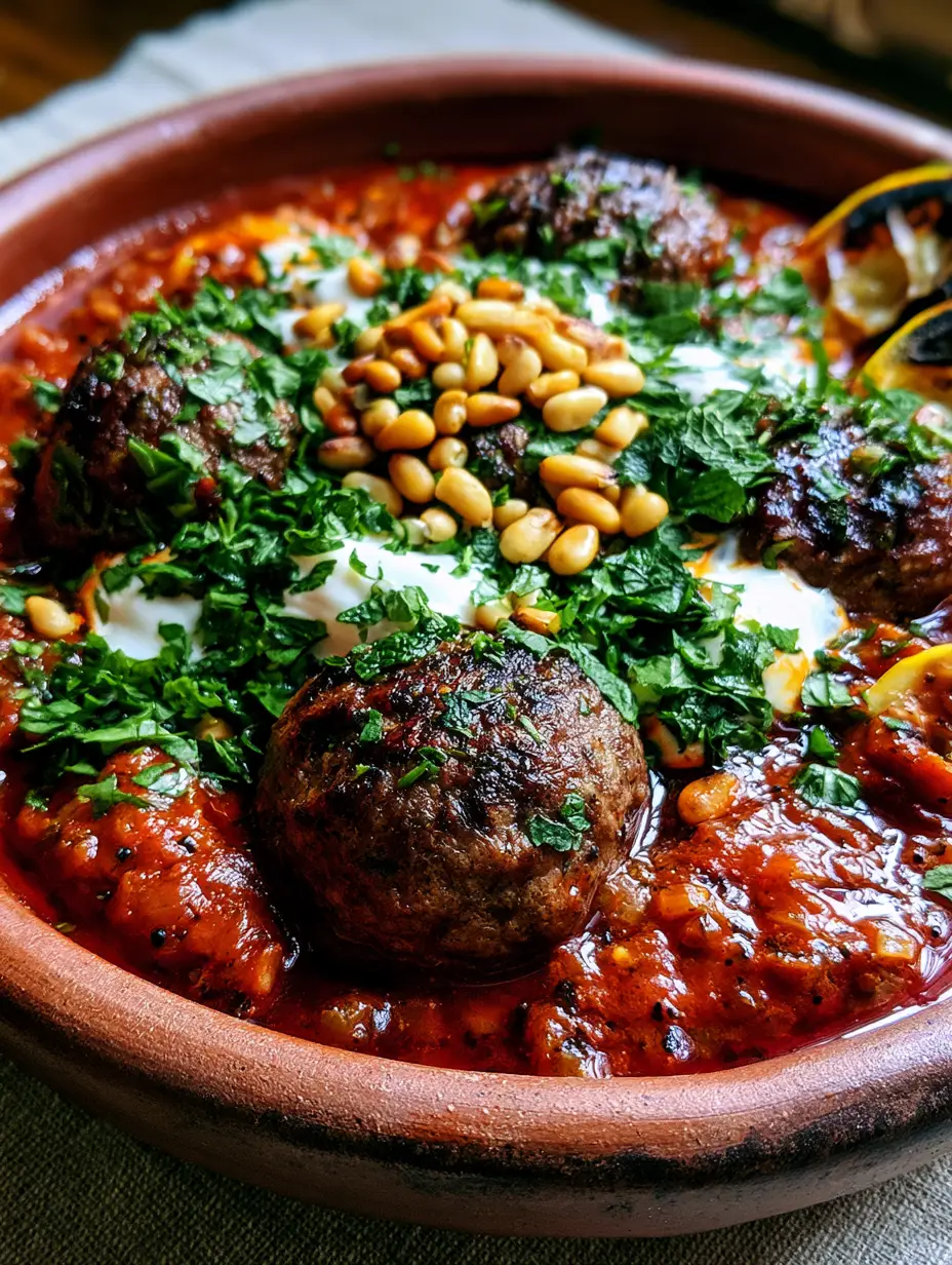 Close-up of juicy Moroccan meatballs with subtle char marks in a vibrant red tomato sauce. (Moroccan meatballs)
