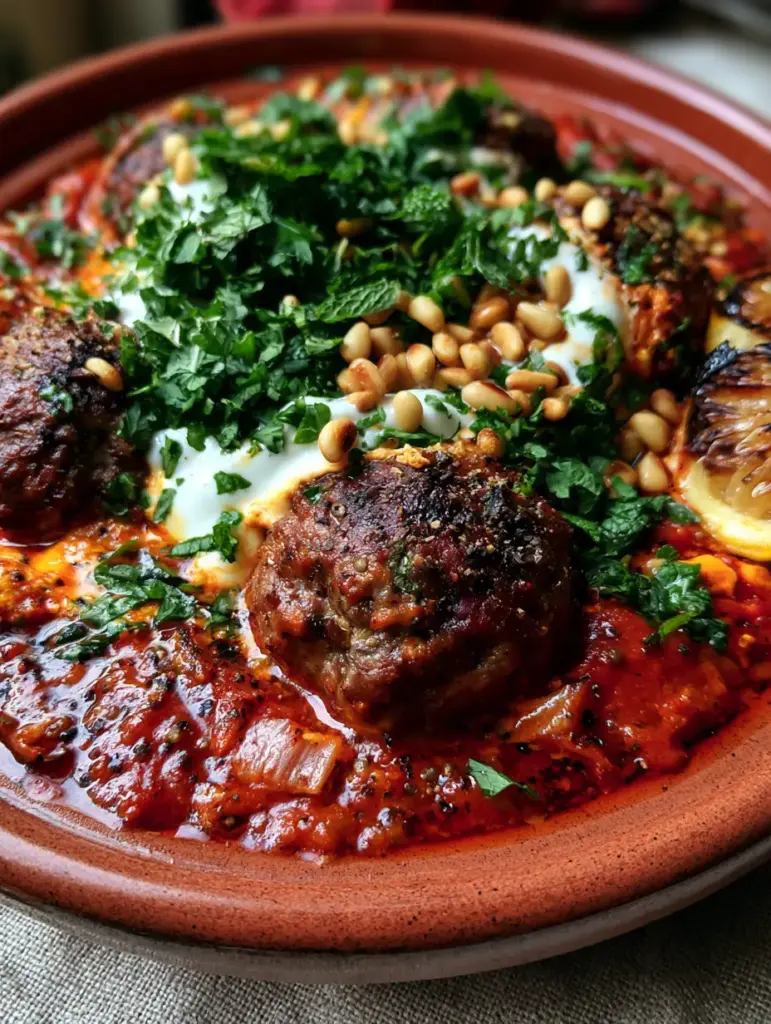 Moroccan meatballs topped with white Greek yogurt dollops and toasted golden pine nuts.