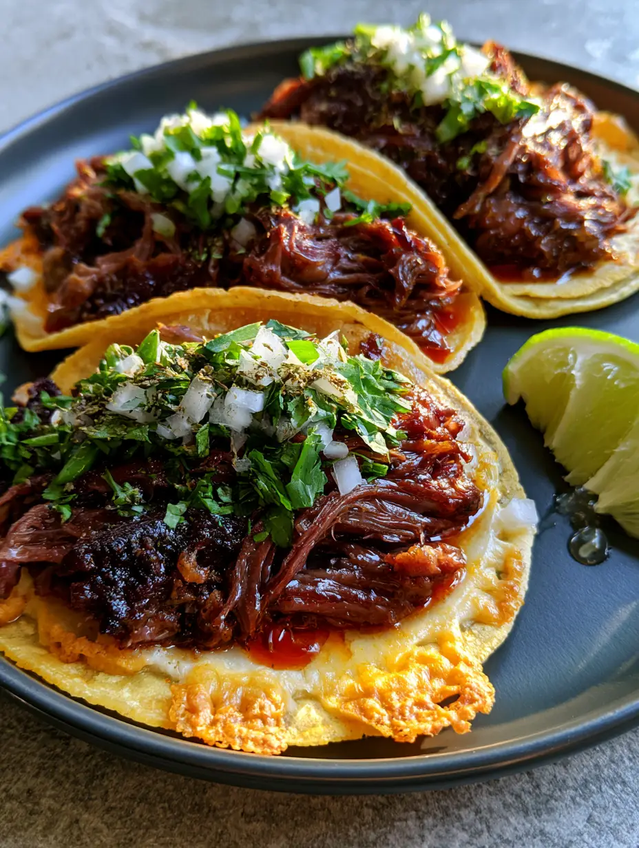 Top-down macro shot of three shredded beef tacos featuring glistening mahogany meat and vibrant green cilantro. (shredded beef tacos)