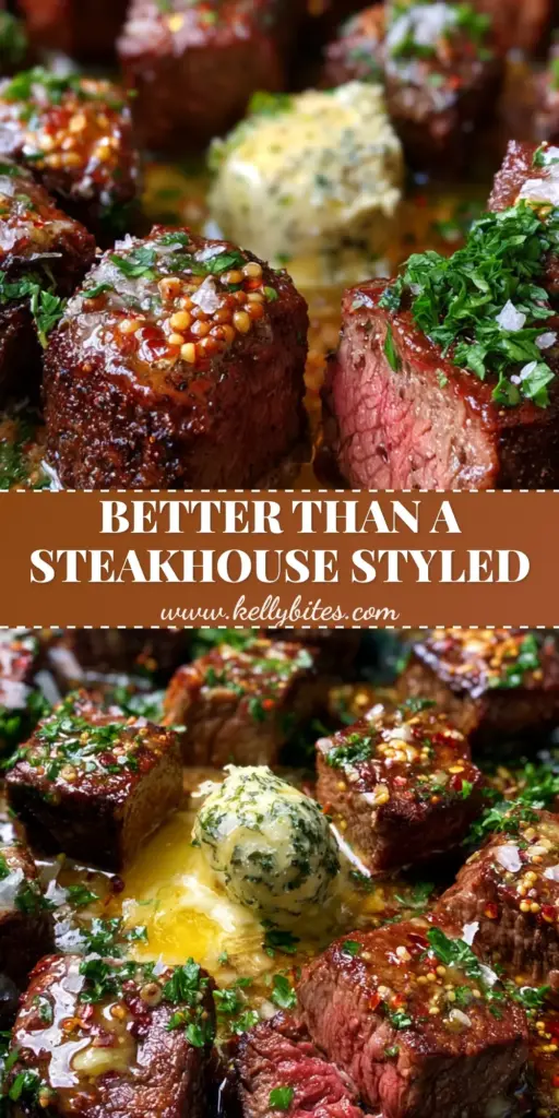 Close-up of seared ribeye cowboy butter steak bites in a cast iron skillet with parsley and garlic. (cowboy butter steak bites)